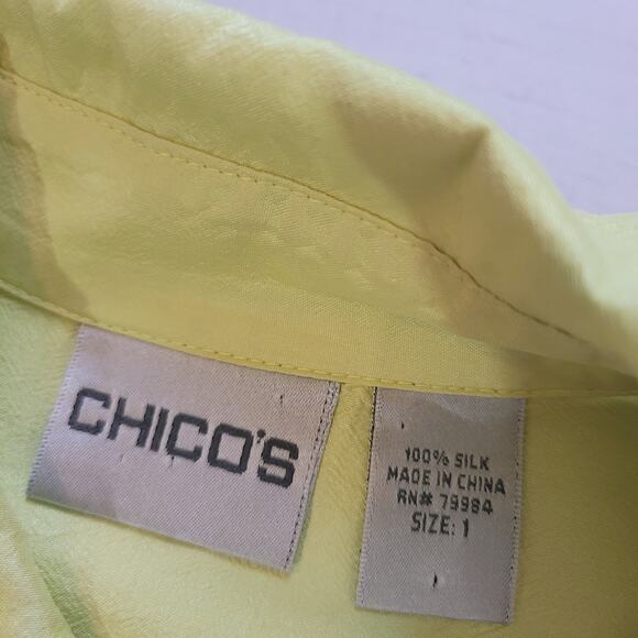 Chico's Size 1 US M 100% Silk Neon Yellow Button Up Collared Top Business Office - Picture 7 of 9